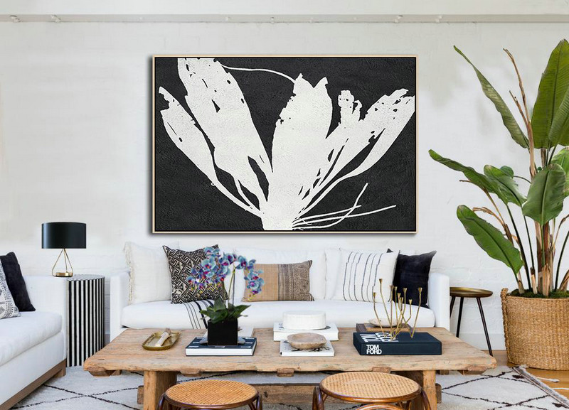 Big Art Canvas,Oversized Horizontal Minimal Art On Canvas, Black And White Minimalist Flower Art - Large Wall Art Canvas